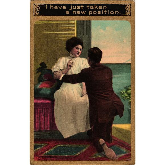 Romantic Humor Postcard Taken New Position Couple Bended Knee Antique Unposted - Picture 1 of 2